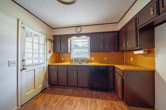 kitchen with a sink, light countertops, dishwasher, and wood finished floors