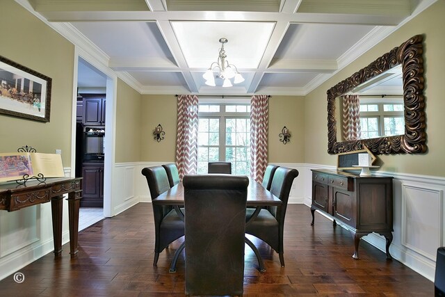 72W Teddy Bear Ln, Waverly Hall, GA 31831 - dining room with a chandelier, coffered ceiling, wainscoting, beam ceiling, and dark wood-type flooring
