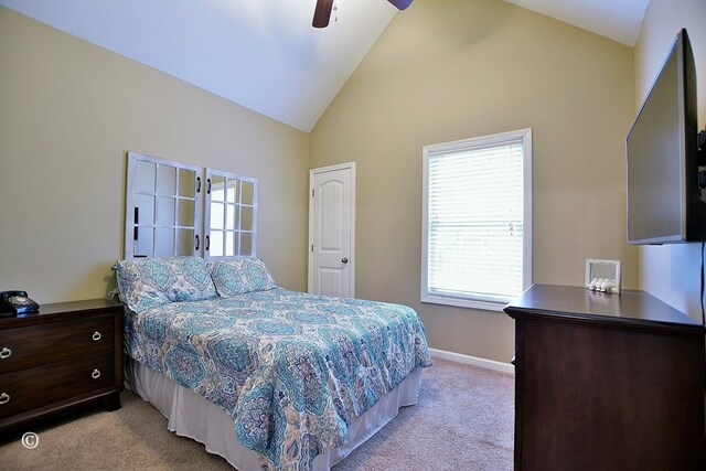 72W Teddy Bear Ln, Waverly Hall, GA 31831 - bedroom featuring light carpet, baseboards, high vaulted ceiling, and ceiling fan