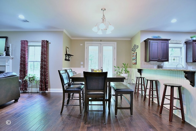 72W Teddy Bear Ln, Waverly Hall, GA 31831 - dining space featuring a chandelier, dark wood-type flooring, baseboards, crown molding, and recessed lighting
