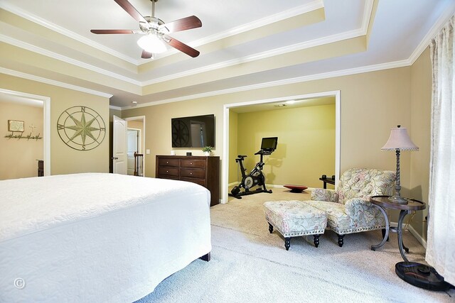 72W Teddy Bear Ln, Waverly Hall, GA 31831 - bedroom featuring a tray ceiling, carpet, ornamental molding, baseboards, and a ceiling fan