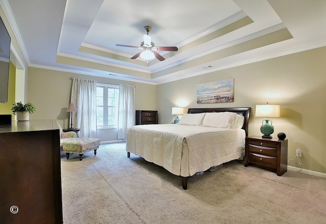 72W Teddy Bear Ln, Waverly Hall, GA 31831 - bedroom featuring a tray ceiling, carpet, crown molding, baseboards, and ceiling fan