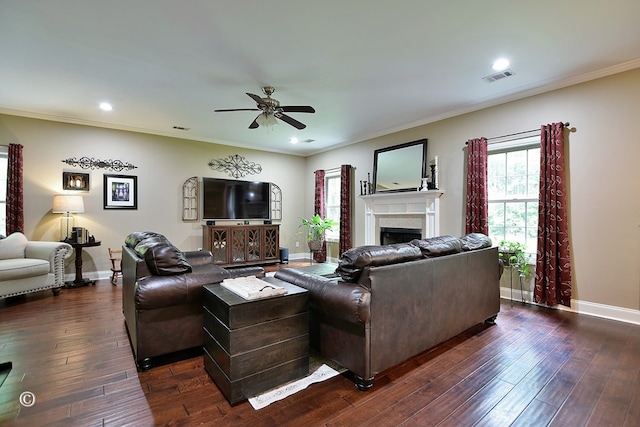 72W Teddy Bear Ln, Waverly Hall, GA 31831 - living room featuring baseboards, ceiling fan, dark wood-type flooring, a fireplace, and ornamental molding