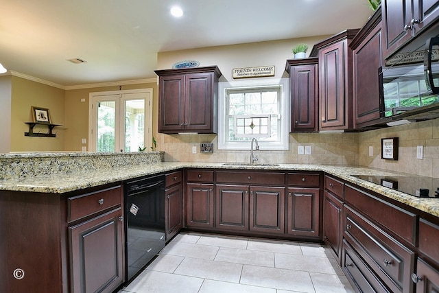 72W Teddy Bear Ln, Waverly Hall, GA 31831 - kitchen featuring black appliances, a sink, healthy amount of natural light, a peninsula, and crown molding