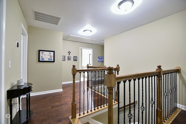 72W Teddy Bear Ln, Waverly Hall, GA 31831 - hall with an upstairs landing, attic access, dark wood-type flooring, and baseboards