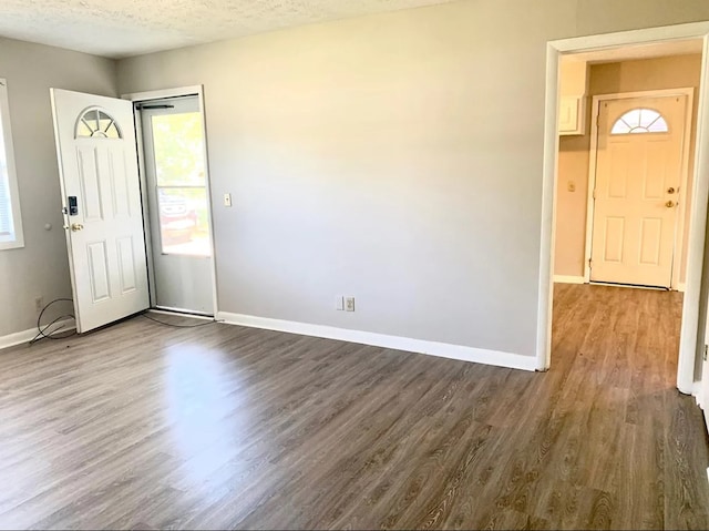 foyer with a textured ceiling and dark wood-type flooring