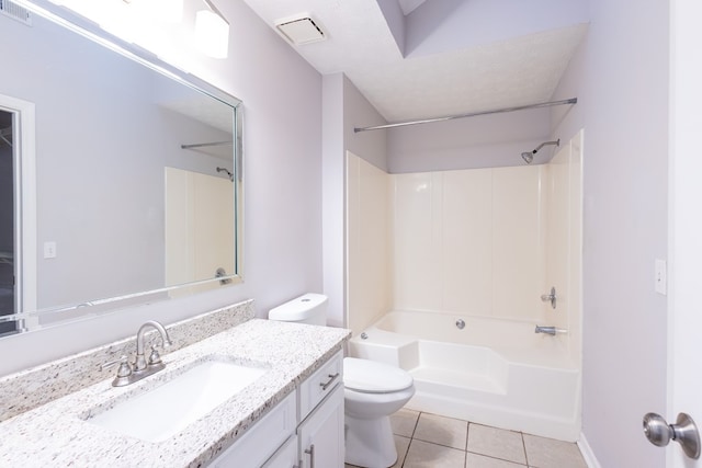 full bathroom with tile patterned flooring, tub / shower combination, a textured ceiling, toilet, and vanity