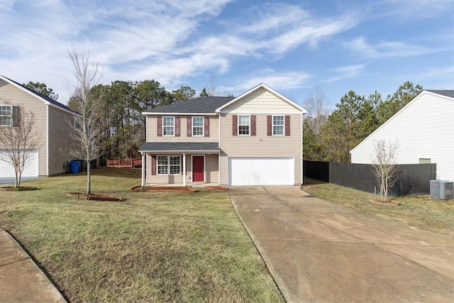 view of front property with a garage, cooling unit, and a front lawn