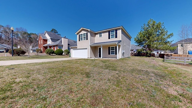 traditional-style house with a front yard, an attached garage, driveway, and fence