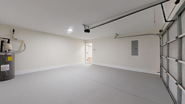 garage with electric panel, baseboards, electric water heater, and a garage door opener