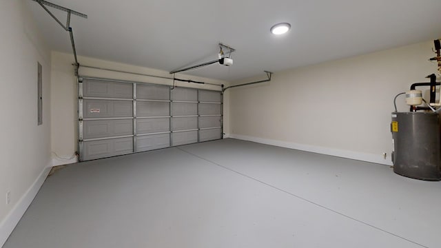 garage featuring electric panel, baseboards, electric water heater, and a garage door opener