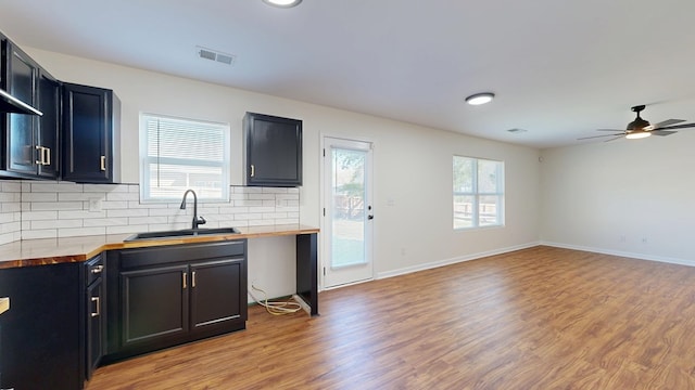 kitchen with visible vents, butcher block countertops, a sink, backsplash, and light wood finished floors