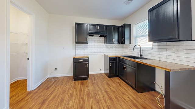 kitchen featuring a sink, baseboards, backsplash, and light wood finished floors