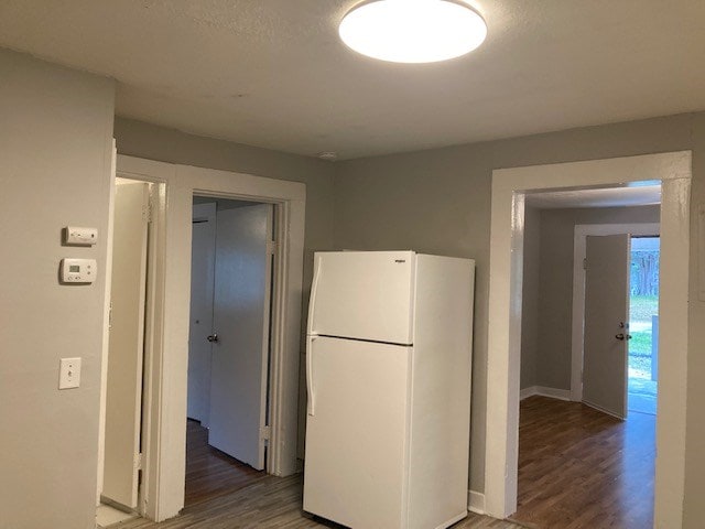 kitchen with white fridge and dark hardwood / wood-style flooring