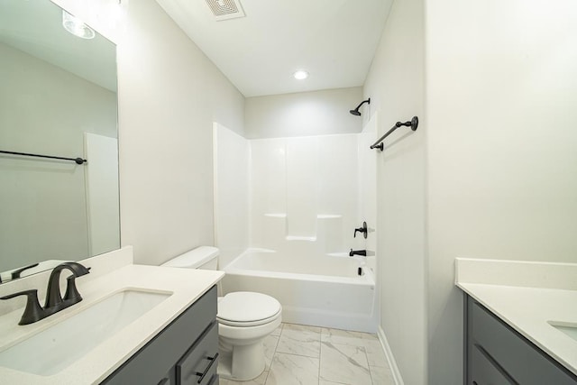 bathroom featuring shower / bathtub combination, toilet, vanity, visible vents, and marble finish floor