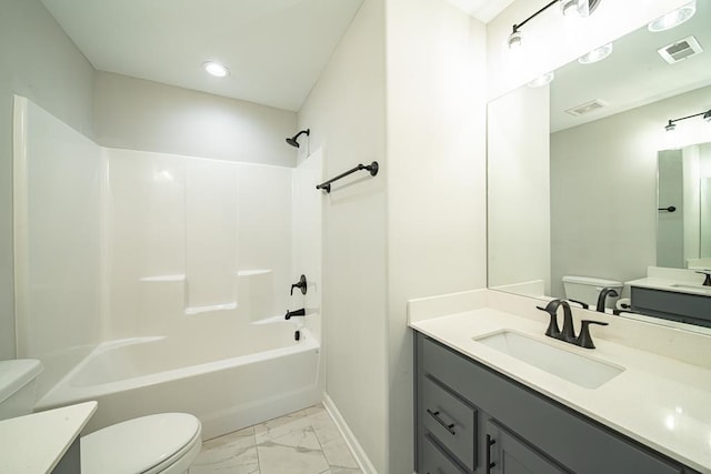 full bath featuring marble finish floor, visible vents, and toilet