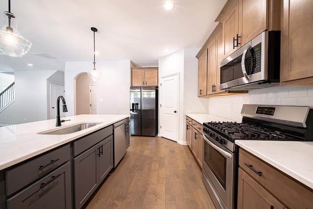 kitchen with wood finished floors, decorative light fixtures, a sink, stainless steel appliances, and backsplash