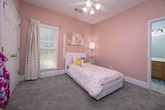 bedroom featuring carpet flooring, visible vents, baseboards, and ceiling fan