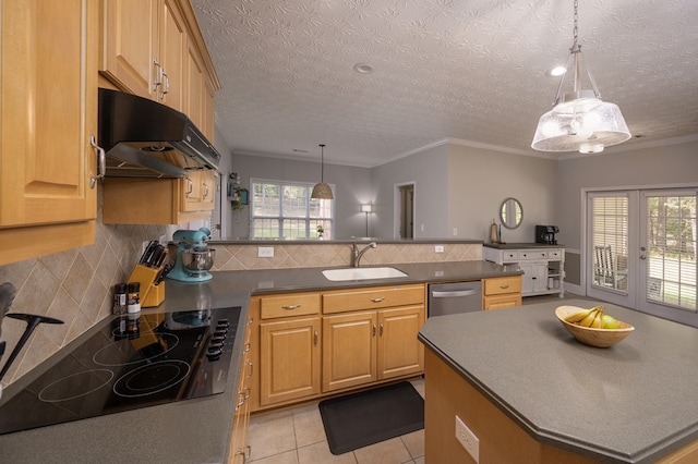 kitchen with a peninsula, a sink, black electric cooktop, plenty of natural light, and under cabinet range hood