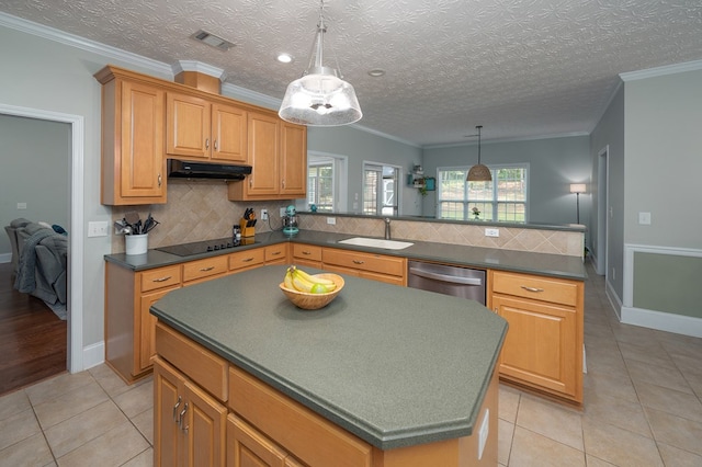 kitchen featuring a sink, dark countertops, stainless steel dishwasher, visible vents, and under cabinet range hood