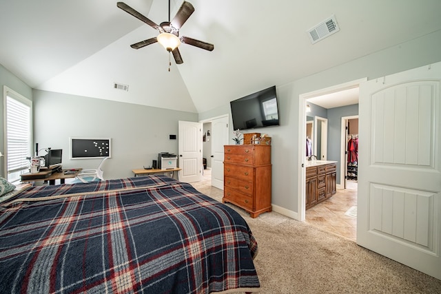 9597 Yarbrough Rd, Midland, GA 31820 - bedroom featuring light colored carpet, ceiling fan, a sink, and high vaulted ceiling