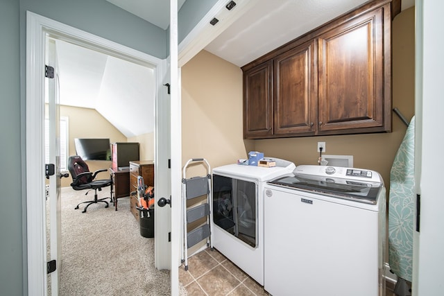 9597 Yarbrough Rd, Midland, GA 31820 - washroom with separate washer and dryer, cabinet space, an office area, and light colored carpet