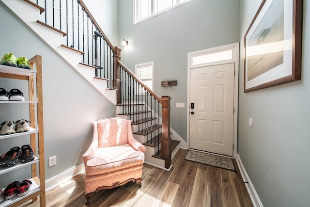 9597 Yarbrough Rd, Midland, GA 31820 - foyer entrance featuring wood finished floors, stairs, baseboards, and a high ceiling