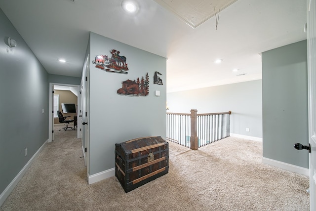 9597 Yarbrough Rd, Midland, GA 31820 - corridor featuring attic access, carpet flooring, recessed lighting, baseboards, and a desk