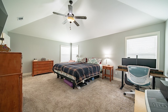 9597 Yarbrough Rd, Midland, GA 31820 - bedroom with lofted ceiling, light carpet, baseboards, an office area, and ceiling fan