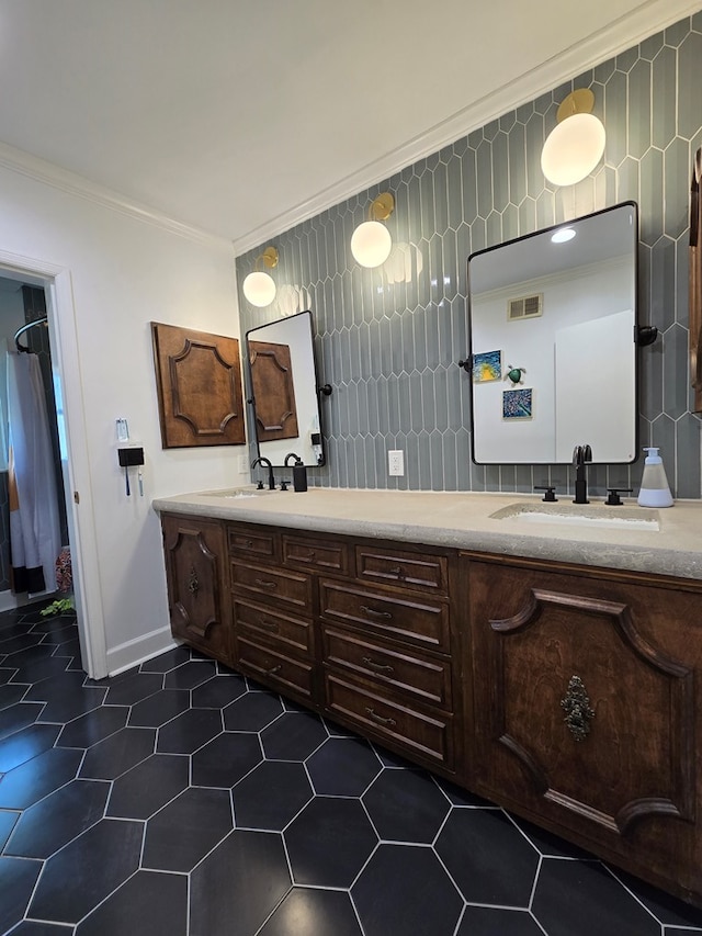 2914 Sue Mack Dr, Columbus, GA 31906 - full bathroom featuring double vanity, ornamental molding, and tile patterned flooring