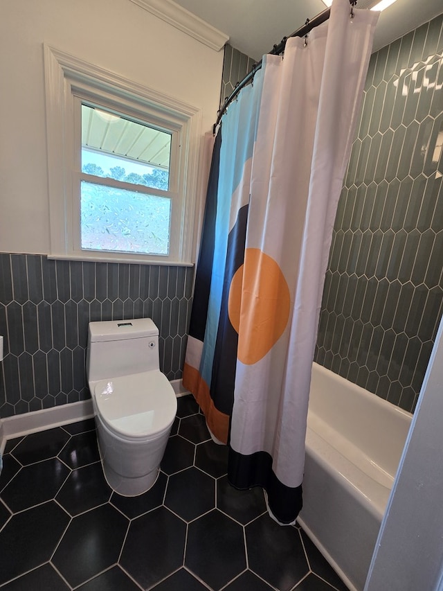 2914 Sue Mack Dr, Columbus, GA 31906 - bathroom with tile walls, tile patterned floors, shower / tub combo with curtain, and crown molding