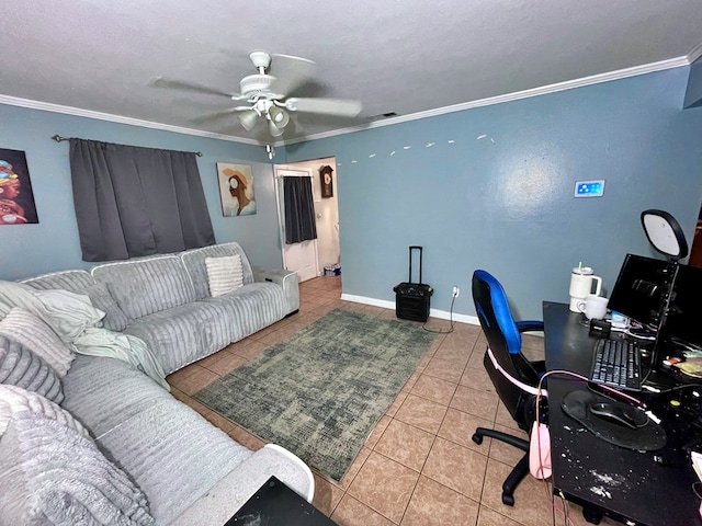 tiled office featuring a textured ceiling, ceiling fan, and ornamental molding