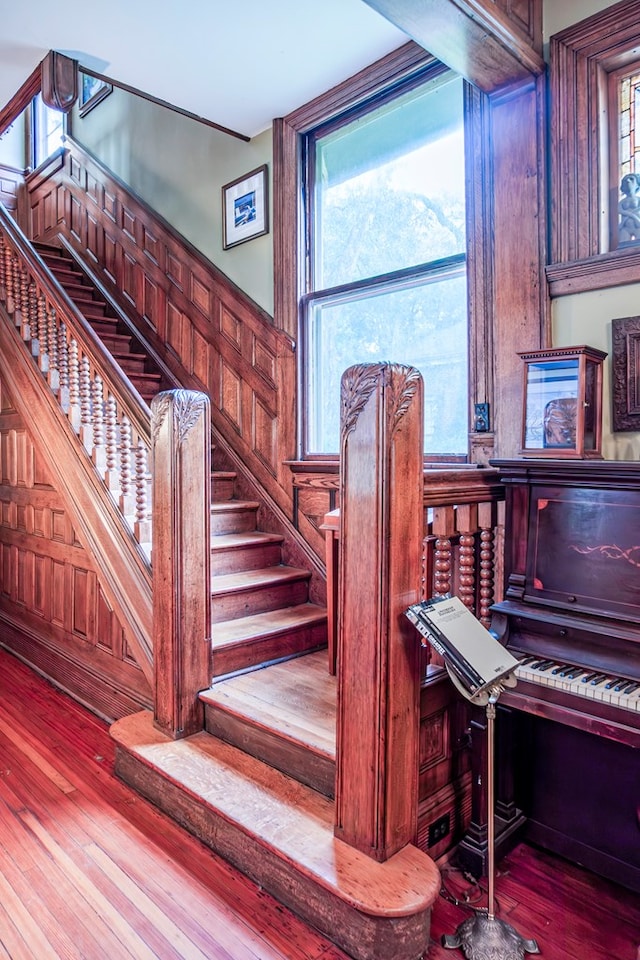 stairs with wood-type flooring and a wealth of natural light