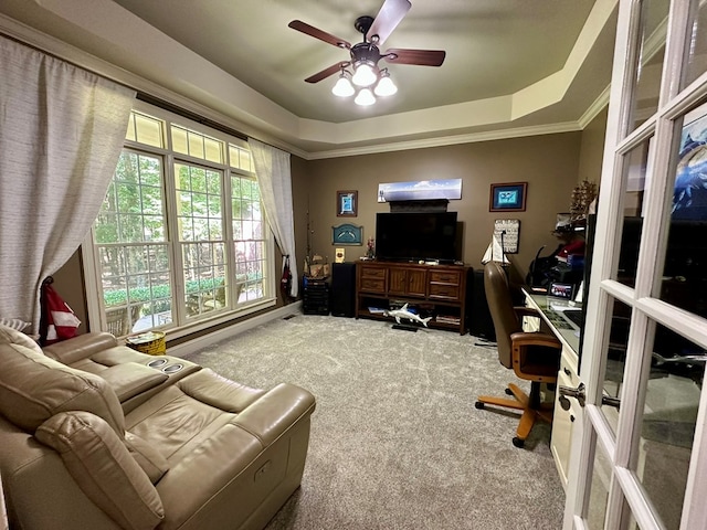 105 Lake View Dr, Hamilton, GA 31811 - office area featuring carpet, a raised ceiling, a ceiling fan, and ornamental molding