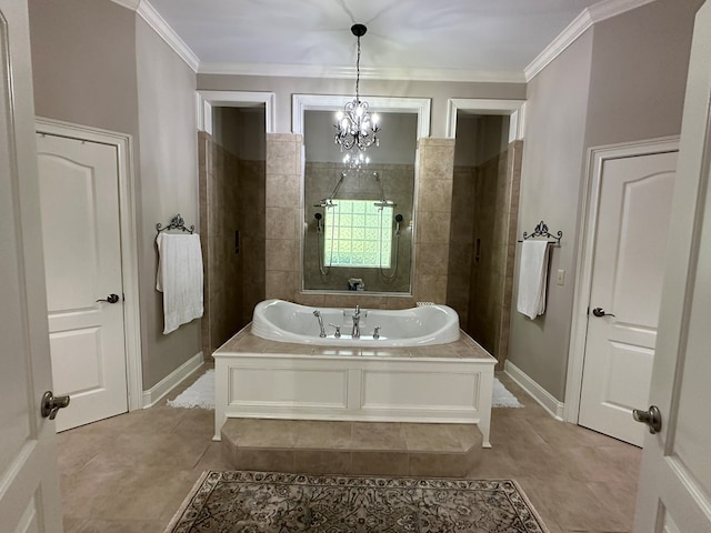 105 Lake View Dr, Hamilton, GA 31811 - bathroom featuring a garden tub, a chandelier, ornamental molding, tile patterned flooring, and a tile shower