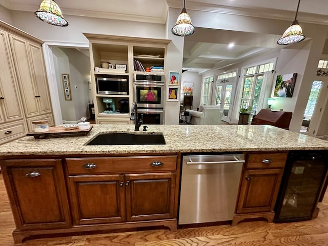 105 Lake View Dr, Hamilton, GA 31811 - kitchen with stainless steel appliances, ornamental molding, coffered ceiling, open floor plan, and light stone countertops