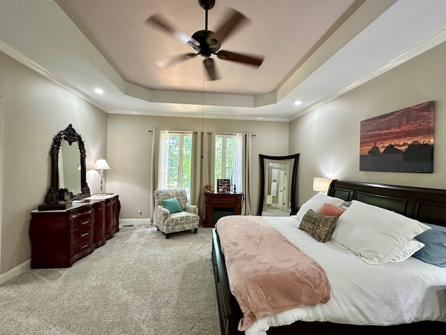 105 Lake View Dr, Hamilton, GA 31811 - bedroom featuring a raised ceiling, light carpet, recessed lighting, ceiling fan, and crown molding