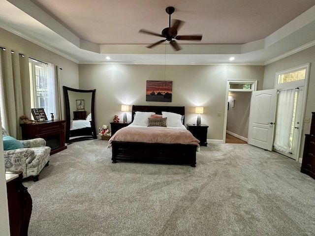 105 Lake View Dr, Hamilton, GA 31811 - bedroom featuring a raised ceiling, carpet, ornamental molding, recessed lighting, and a ceiling fan
