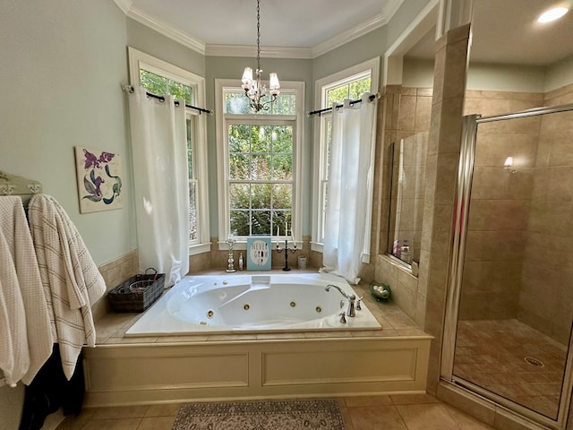 105 Lake View Dr, Hamilton, GA 31811 - full bathroom with tile patterned flooring, a jetted tub, a stall shower, plenty of natural light, and ornamental molding