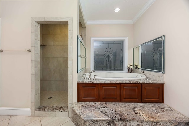 bathroom with ornamental molding, tile patterned floors, a walk in shower, and a bath