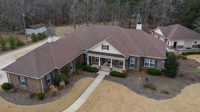 view of front of property with a shingled roof and a chimney