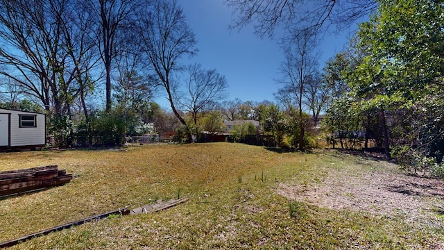 view of yard with fence, an outbuilding, and a shed