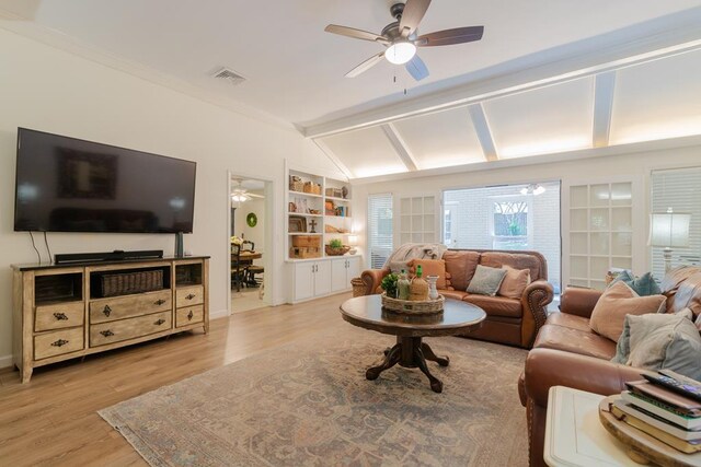 living area featuring wood finished floors, visible vents, lofted ceiling with beams, built in features, and ceiling fan