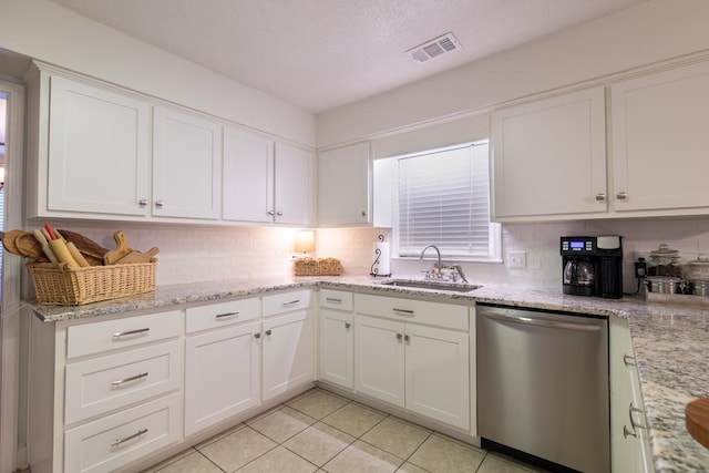 kitchen with stainless steel dishwasher, a sink, decorative backsplash, white cabinets, and visible vents
