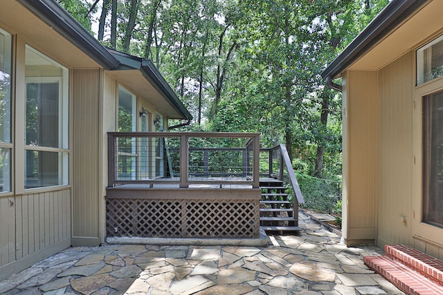 2707 Lookout Dr, Columbus, GA 31906 - view of patio / terrace featuring a wooden deck, stairway, and view of wooded area