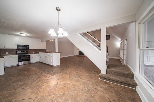 kitchen featuring electric stove, white cabinetry, backsplash, decorative light fixtures, and kitchen peninsula