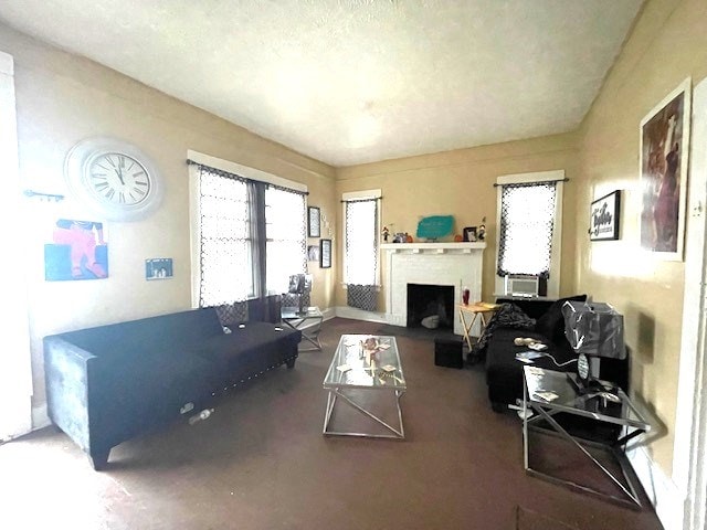 living room with plenty of natural light and a fireplace