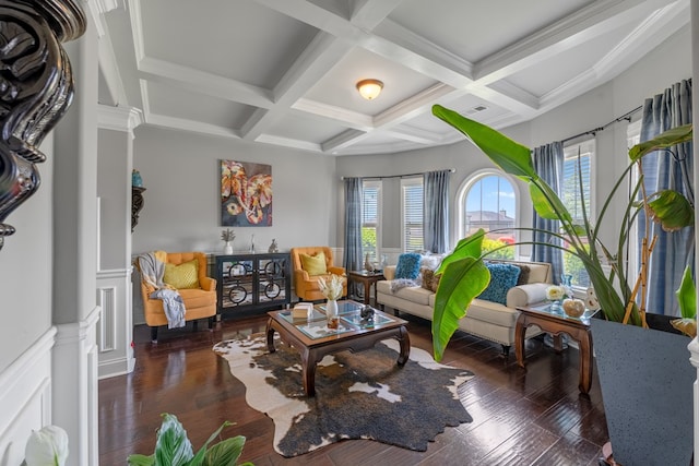 50 Riverside Lndg, Fort Mitchell, AL 36856 - living room featuring beamed ceiling, coffered ceiling, wood finished floors, decorative columns, and a wainscoted wall