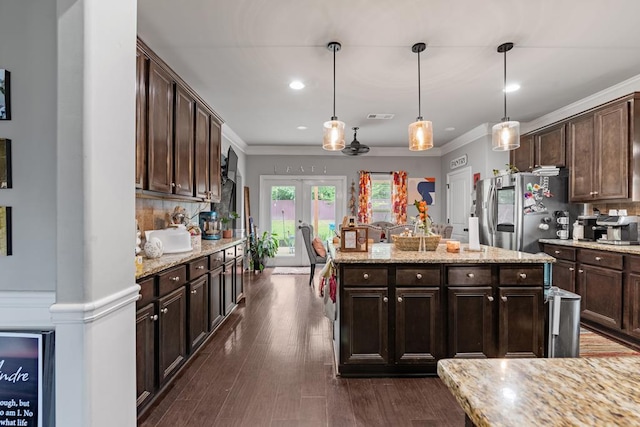 50 Riverside Lndg, Fort Mitchell, AL 36856 - kitchen featuring stainless steel fridge, french doors, dark brown cabinetry, a kitchen island, and dark wood-style flooring