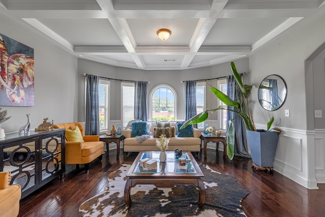 50 Riverside Lndg, Fort Mitchell, AL 36856 - living area featuring coffered ceiling, wood-type flooring, beamed ceiling, and a wainscoted wall